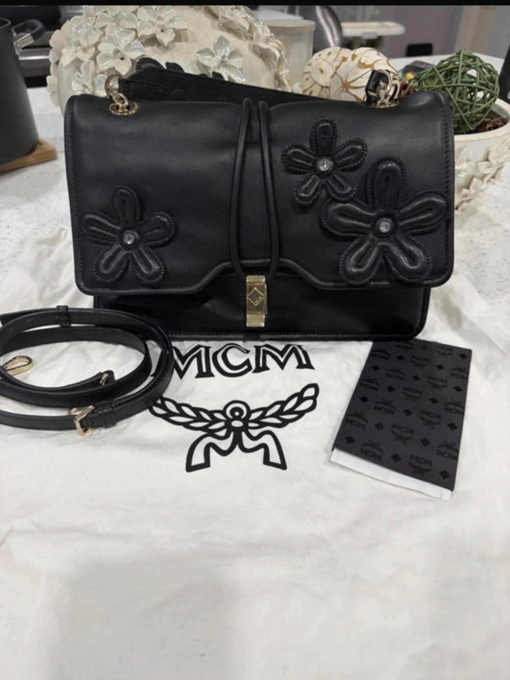 NWT MCM LIMITED COLLECTION Run Candy Floral Appliqué Leather Shoulder Bag Black